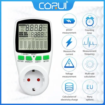 CoRui Electric Power Meter LCD Wattmeter Zásuvky Elektrickej Tester UK/EÚ Meter Moc Analyzer S Prúdom Ochrana Dverí