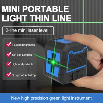 Prenosný Mini 2 Riadky Laser Úrovni Vertikálne Horizontálne Kríž Line Laser Silný Zelený Lúč 3° Self-Nivelačný Laser Úrovni Meter