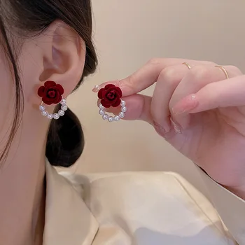 Kórejský Red Rose Imitácia Perly Stud Náušnice Pre Ženy, Luxusné Zirkón Kvet, Motýľ Krištáľové Náušnice Svadobné Party Šperky