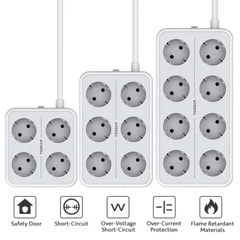 TESSAN Multi Zásuvky rozvodky EÚ Plug Stenu Pripojiteľný na Elektrický Rozšírenie Zásuvky s vypínačom 4/6/8 Zásuviek 3 USB Porty, 2M Kábel