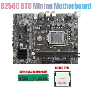 B250C BTC Baník Doska s G3900 CPU+DDR4 4GB 2666MHZ RAM 12XPCIE na USB3.0 Kartu LGA1151 pre BTC Ťažba