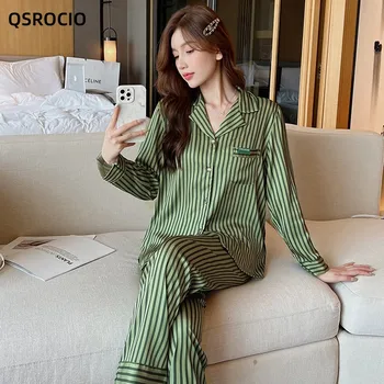 QSROCIO Vysoko Kvalitné dámske Pyžamo Nastaviť Vintage Štýl, Zelené Pruhy Sleepwear Hodváb Ako Bežné oblečenie pre voľný čas Odev Femme Drobná