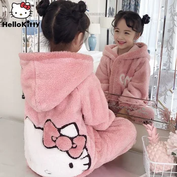 Sanrio Hello Kitty Kawaii Vzor Pyžamo Sady Dieťa Roztomilý Kreslený Anime Dlhý Rukáv Hrubé Teplé Oblečenie Na Spanie Oblečenie Pre Deti