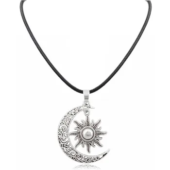 XUSHUI XJ Trendy Crescent Moon& Sun Kúzlo Náhrdelník Čierne Kožené Striebornej Farbe s Dlhými reťazcami, Lacné Šperky, Náhrdelníky Pre Ženy