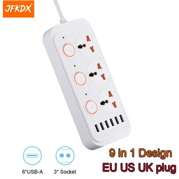 JFKDX Multi AC Zásuvky rozvodky 3.1 Rýchle Nabíjanie USB Porty EÚ a USA UK Pätice Adaptéra Sieťový Filter Predĺženie Zásuvky Napájania