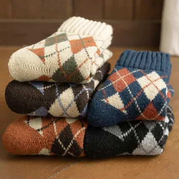 Jeseň Zima Zahustiť Kartáčovaný Žena Ponožky Vlnené Kosoštvorec Mriežky Kawaii Dizajnér Ponožky Kórejský Harajuku Ponožky