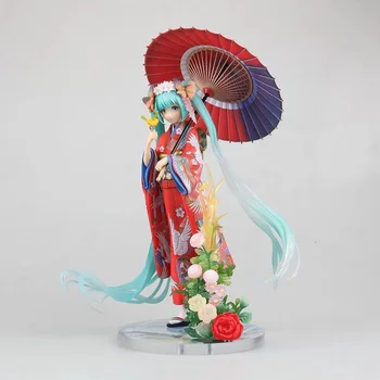 23 cm Japonsko Miku Kawaii Červená Kimono Dáždnik Dievča 1/8 Anime PVC Akcie Obrázok Zdobiť Model Hračky, Bábiky Deti Darček k Narodeninám S Box
