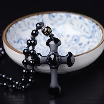 Prírodné Čierna Obsidián Vyrezávaný Kríž Šťastie Prívesok Perličiek Náhrdelník Mužov a Ženy Ručne Vyrezávané Prívesok Retro Amulet Šperky