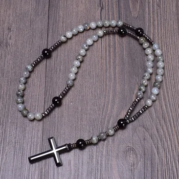Prírodné Labradorit Black Onyx Katolíckej Krista Ruženec Muž Náhrdelníky Hematite Kríž Náhrdelník Prívesok pre Ženy Meditácie Šperky