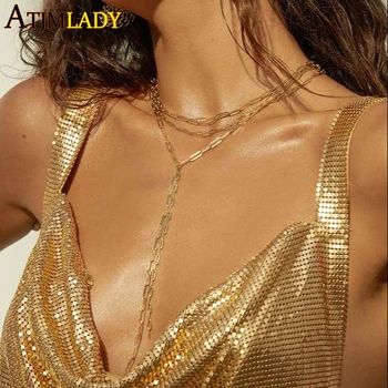 2022 Nové Módne Obdĺžnik Otvoriť Odkaz Reťazca 3 Vrstvový Módny Náhrdelník Zlatá Farba Jednoduché Sexy Dlhé Y Lariat Ženy Choker Šperky