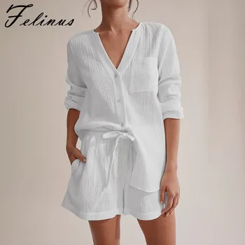 Felinus Ženy Bavlnené Pyžamo Nastaviť Sexy Šortky Dlhé Rukávy Oblečenie Pre Voľný Čas Oblek Voľné Jednoduché Sleepwear Feamle Klimatizácia Oblečenie