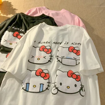 Kawaii Sanriod Hello Kitty Cartoon Hello Kitty Pena Vytlačené Krátky Rukáv T-Shirt Žena Kórejských Študentov Stredne Dlhý Ležérny Top