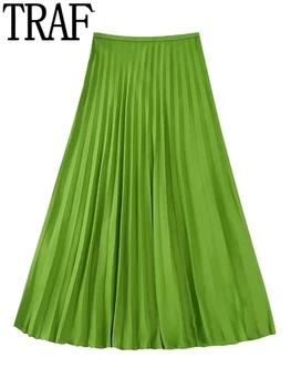 TRAF Zelená Dlhé Sukne Dámske 2022 Vysoký Pás Skladaná Sukňa Žena Streetwear Lete Elegantné Midi Sukne Ženy Bežné Sukne