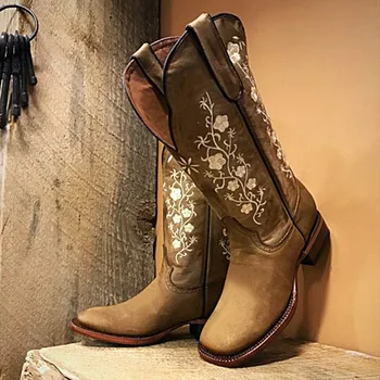 Módne dámske Kovboj Cowgirl Topánky Modernej Západnej Vyšívané Široký Teľa Štvorcové Prst Kovboj Boot Pre Ženy Topánky Botas De Mujer