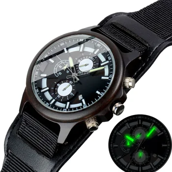 Pánske Drevené náramkové hodinky Kožené 22 mm Čierny Pásik Veľké Dial Luxusné Multifunkčné Chronograf Dropshipping Hodiny Dreva Pre Mužov
