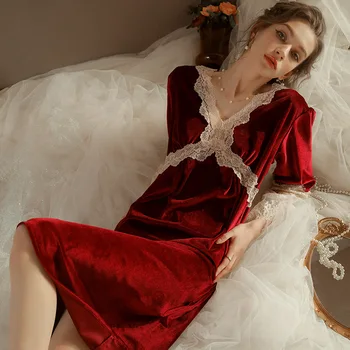 Sleepwear Jeseň Nežnej Ženskej Nightdress Sexy Patchwork Čipky Nightgown Tvaru Odev Voľné Bežné Velúrové Domov Šaty Župan
