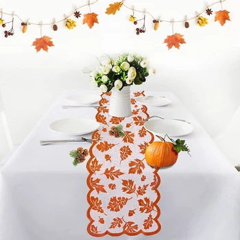 Jeseň Dekor Stôl Runner Vďakyvzdania Dekor,Orange Javorový List Čipky Stôl Runner Jeseň Dekorácie pre Domov Vďakyvzdania