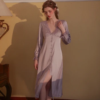 Spodná Bielizeň Nightgown Farbou Dlhé Pyžamá, Pohodlné Sladké Čipky Dlhý Rukáv Ženy, Oblečenie Pre Voľný Čas, Spodná Bielizeň Bežné Tvaru Nightdress