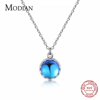 Modian Trendy 100% 925 Sterling Silver Blue Koruny Crystal Šumivé Náhrdelník Pre Ženy Klasické Swing Loptu Prívesok Strieborné Šperky